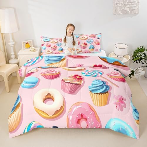 Homewish Donuts Comforter Set Full Size,Cake Sweets Bedding Sets 3pcs for Kids Girls Teens Room Decor,Cartoon Desserts Themed Duvet Insert Sets Pink Gourmet Quilted Duvet Set with 2 Pillowcases