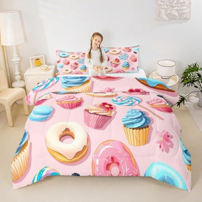 Homewish Donuts Comforter Set Full Size,Cake Sweets Bedding Sets 3pcs for Kids Girls Teens Room Decor,Cartoon Desserts Themed Duvet Insert Sets Pink Gourmet Quilted Duvet Set with 2 Pillowcases