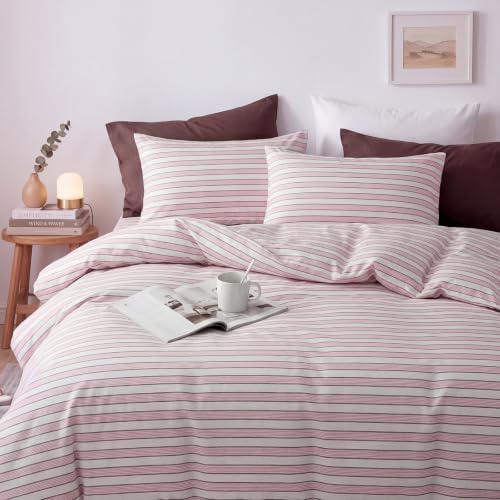 Bedbay Blush Pink Stripe Bedding Set, Cotton Striped Duvet Cover Set King Size,100% Cotton Sateen, Minimal Casual Hotel Style Duvet Cover 3 Piece for All Seasons