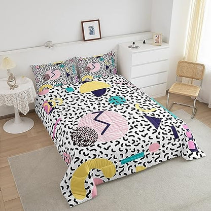 Manfei Memphis Comforter Set Twin Size, Vintage Hip Hop Quilt Set with 1 Pillowcase, Retro 80s or 90s Geometric Fashion Style Bedding Set 2pcs for Kids Boy Girls Lightweight Duvet Insert