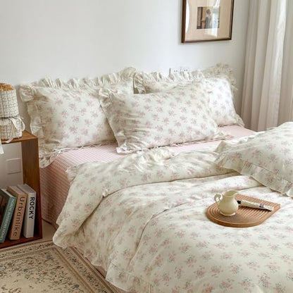 mixinni Pink Floral Duvet Cover Set Twin XL Size - 100% Cotton Ruffle Lace Bedding Set for Girls, Romantic Cottagecore Style Duvet Cover with Zipper Closure, Soft Aesthetic Princess Bedding-Twin XL