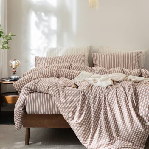 FOSSA Striped Duvet Cover Set 100% Washed Cotton Linen Feel King