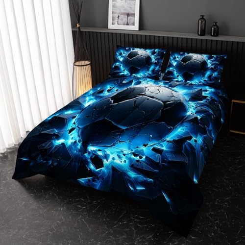 Nttopship Soccer Bedding Comforter Set Full Size for Kids Teens and Adults, Blue Black Football Printed Bedding Sets 3 PCS,Ball Sports Themed Bedroom Decor with 1 Comforter and 2 Pillowcases