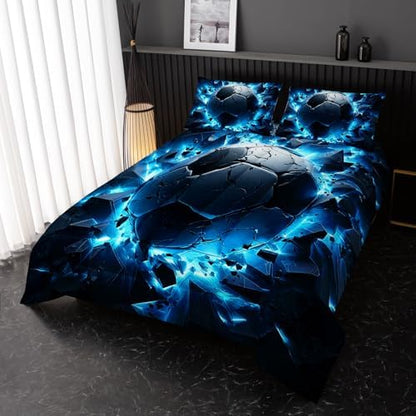 Nttopship Soccer Bedding Comforter Set Full Size for Kids Teens and Adults, Blue Black Football Printed Bedding Sets 3 PCS,Ball Sports Themed Bedroom Decor with 1 Comforter and 2 Pillowcases