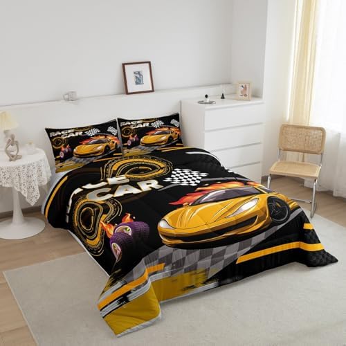Feelyou Kids Yellow Race car Comforter Set Queen Size Speed Sports Car Bedding Set Boys Girls Automobile Racing Car Quilt Set Extreme Sports Theme Bed Set