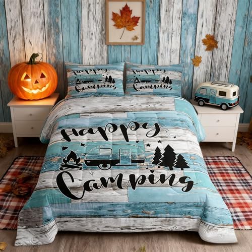 Camper Adventure Comforter Set Twin Size,Happy Camping RV Trailer Decor Bedding Set 2pcs for Kids Boys Girls Adults,Rustic Farmhouse Wooden Door Down Comforter,Blue Retro Duvet Insert,1 Pillowcase