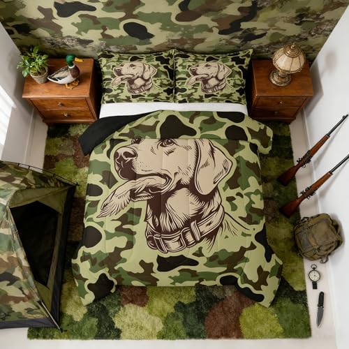 Feelyou Green Camo Decor Comforter Set Queen Size Hunting Dog Bedding Set for Kids Boys Girls Mallard Duck Duvet Quilt Military Style Bedroom Decor Microfiber 3 Pcs with 2 Pillow Cases