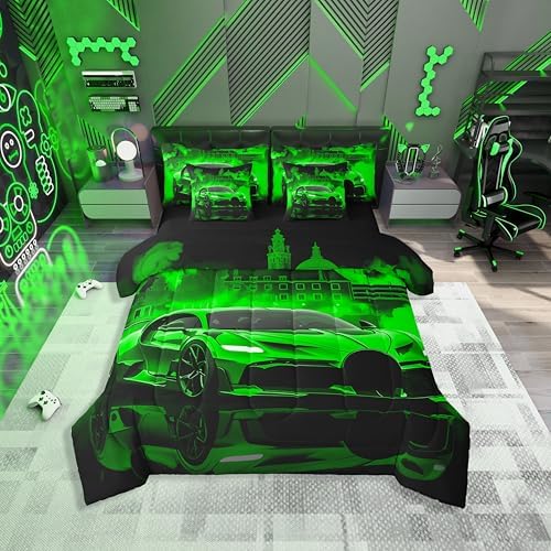 jejeloiu Kids Race Car Comforter Set with Sheets Queen Size Extreme Sport Games Bedding Set for Boys Girls Bedroom Decor Modern Green Bed in a Bag Soft Lightweight Microfiber