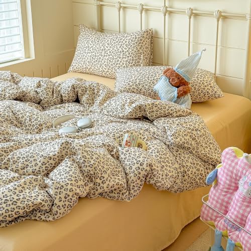mixinni Muted Retro Leopard Print Duvet Cover Set Full Size, 3PCS Cute Sexy Cheetah Bedding, 100% Cotton Double Gauze Soft Aesthetic Cream Vintage Bedding Set with 2 Pillowcases for Girls Women