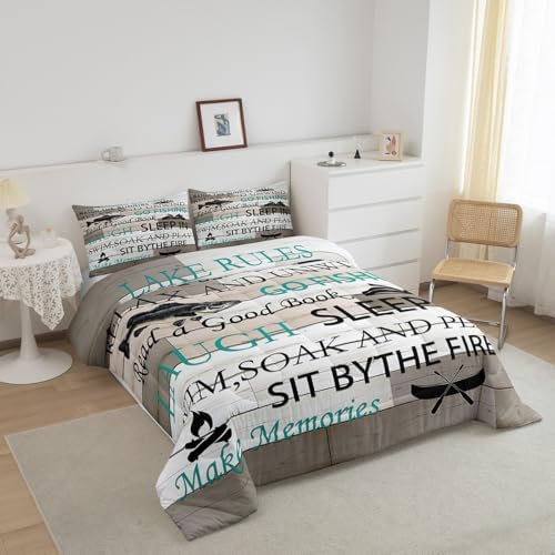 Lake House Bedding Set Full Size,Fishing and Boating Comforter Set 3pcs Kids Teens Boys Men Bedroom Decor Rustic Farmhouse Wood Quilted Duvet Outdoor Adventure Camper Duvet Insert,2 Pillowcases