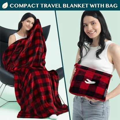 PAVILIA Travel Blanket and Pillow, Soft Ribbed Fleece Airplane, Plaid Red