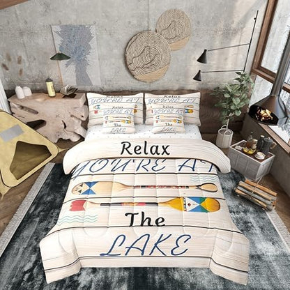 Erosebridal Lake Camping Comforter Set Twin Size,Oil Art Boat Paddle Bedding Set for Kids Teens,Wooden Plank (Comforter+Fitted+Flat Sheet+2 Pillowcases+2 Throw Pillow Covers) 7 Pieces Bed Set
