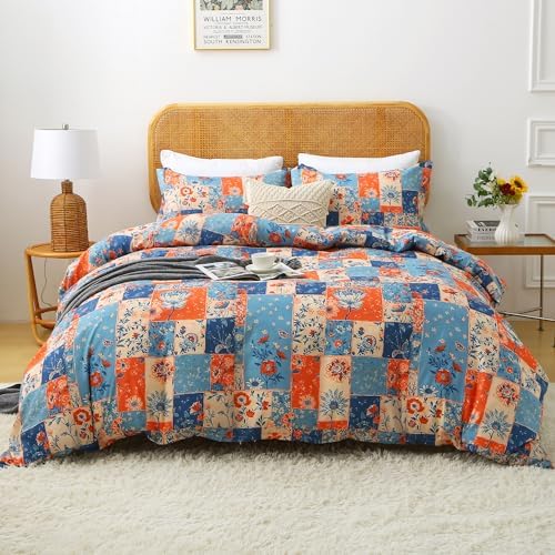 Mooreeke Floral King Size Comforter Sets, Montage Boho Vintage Floral Patterned Bedding for All Seasons, 3-Piece Vintage Bed in a Bag with Fluffy Quilted Reversible Comforter & 2 Pillow Shams