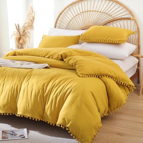 YIRDDEO King Size Comforter Set, Mustard Yellow Pom Fringe Bedding 3 Pcs