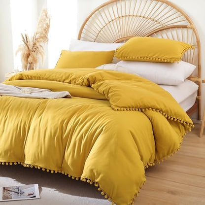 YIRDDEO King Size Comforter Set, Mustard Yellow Pom Fringe Bedding 3 Pcs