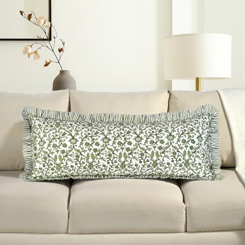 CPC Block Print Meadow Vine Ruffle Cotton Lumbar Pillow Cover 14x36 inch