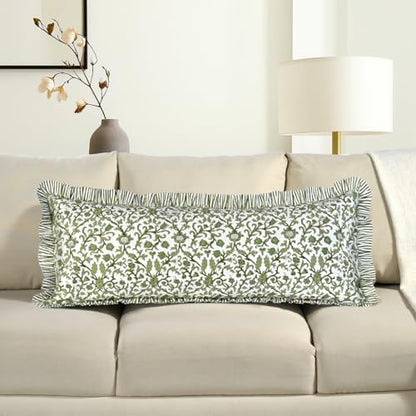 CPC Block Print Meadow Vine Ruffle Cotton Lumbar Pillow Cover 14x36 inch