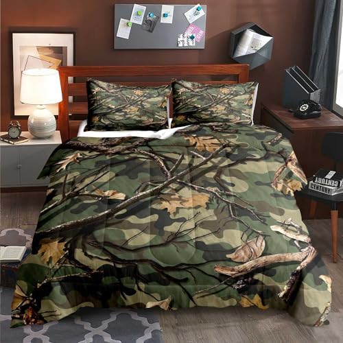 LUVIVIHOME 3PCS Green Camo Comforter Set King Size, Rustic Camouflage Bedding Quilt Country Farmhouse Forest Man Cave Bedroom Decor, Hunting Gifts for Men Husband Boyfriend Boys, 2 Pillow Shams