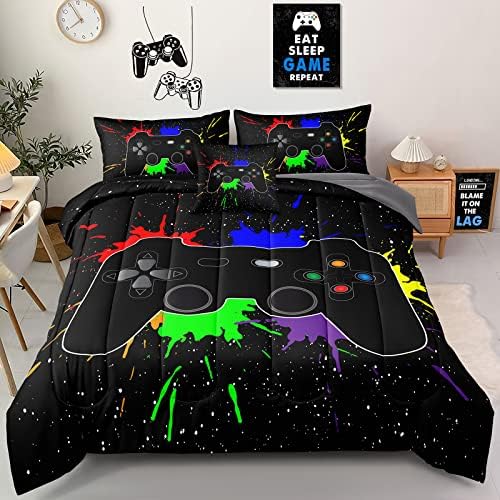 6 Pieces Gaming Bedding Set Queen Size for Boys Gamer Comforter Set for Boys Girls Kids Teens 6 Piece Bed in A Bag Video Game Bedding for Gamer Room Decorative Queen27