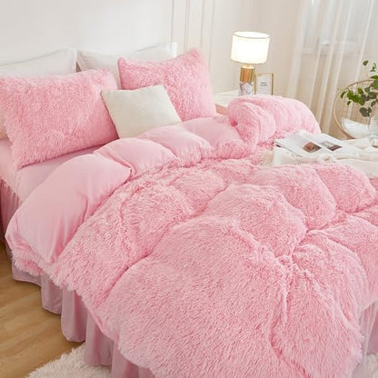 Andency Pink King Size Comforter Set, Fluffy Faux Fur Warm Bedding Set
