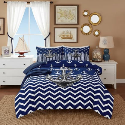 Nautical Anchor Comforter Set Queen Size Navy Blue White Geometric Stripes Bedding Set 3Pcs Kids Boys Teens Room Decor Abstract Ocean Waves Quilt Set Sea Adventure Duvet Insert,2 Pillowcases