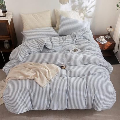 FOSSA Striped Duvet Cover Set Washed Cotton Linen Feel Oversized King Plus