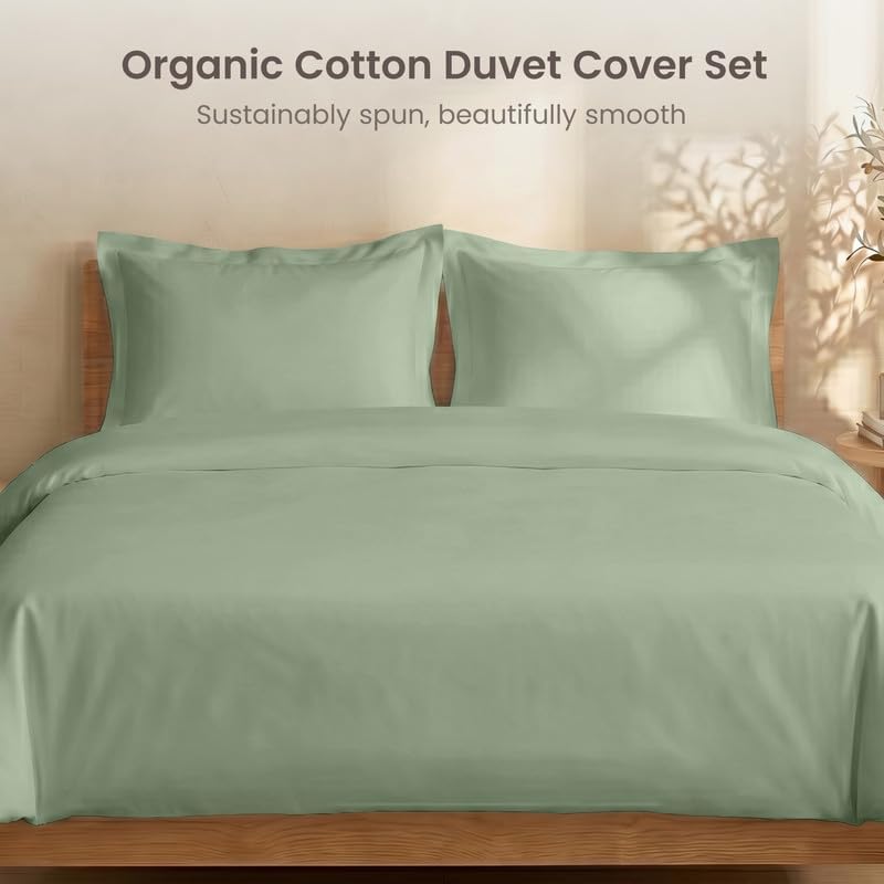BIOWEAVES 100% Organic Cotton Full/Queen Duvet Cover Set, 3-Piece, 300 Thread Count Sateen Weave GOTS Certified Comforter Cover with Buttoned Closure and 2 Pillow Shams –Basil, 90x90 inches