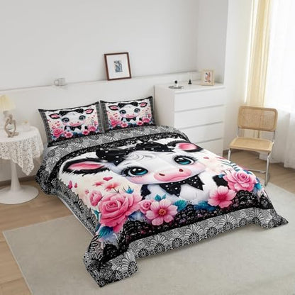 Feelyou Kids Cute Highland Cow Comforter Set King Size Cartoon Highland Cattle Bowknot Bedding Set Boys Girls Flowers Floral Printed Quilt Set Black Lace Pattern Bed Set