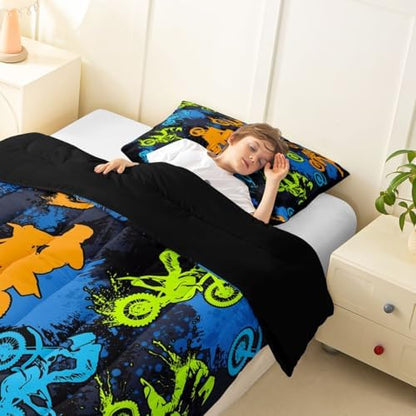 Feelyou Dirt Bike Comforter Set All Season Motocross Bedding Set Toddler