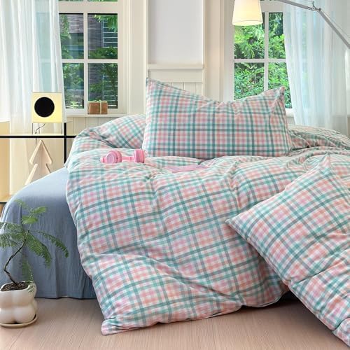 LifeTB Gingham Comforter Set Twin XL Multi-Colored Plaid Comforter Set 3 Pieces Checkered Grid Comforter with 2 Pillowcases Soft Fluffy Gingham Bedding Set Farmhouse Grid Bed Comforter Twin XL