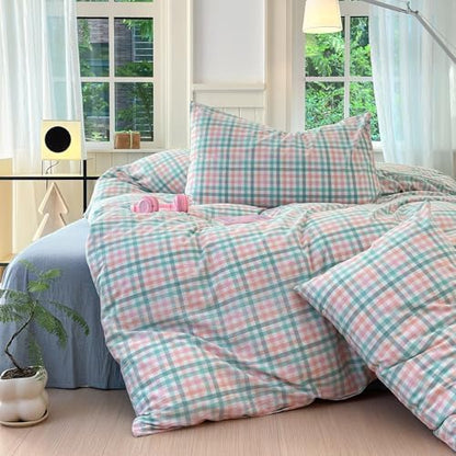 LifeTB Gingham Comforter Set King 3 Pieces Multi-Colored Grid Comforter Lightweight Checkered Plaid Comforter Set with 2 Pillowcases Fluffy Soft Grid Printed Pattern Farmhouse Gingham Bedding Set