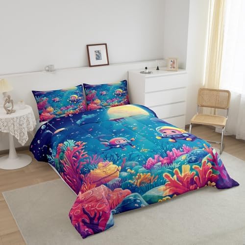 Homewish Underwater World Bedding Set Queen Size,Cartoon Submarine Comforter Set 3Pcs for Kids Girls Boys Teens Room Decor,Colorful Coral Fish Quilt Set Dreamy Ocean Duvet Insert,2 Pillowcases