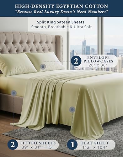LANE LINEN Split King Sheets 100% Egyptian Cotton Sateen - Seafoam