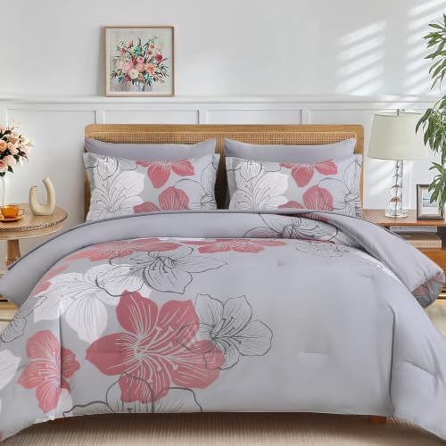 Luxudecor Grey Pink Comforter Set Queen Size, 7 Pieces Floral Bed in a Bag