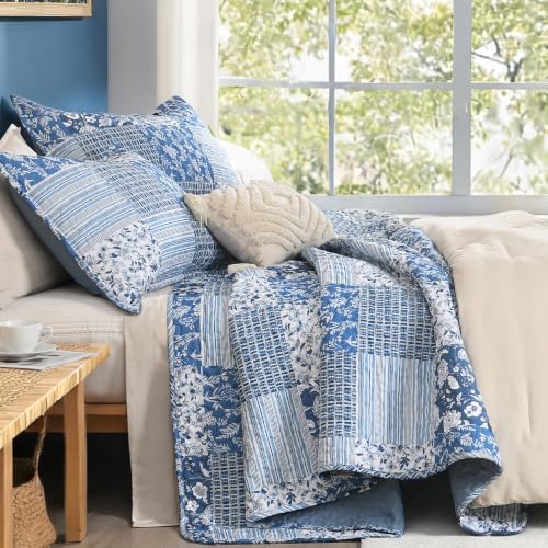 Litanika Floral Blue Quilt King - 3Pcs Botanical Birds Bedding Set
