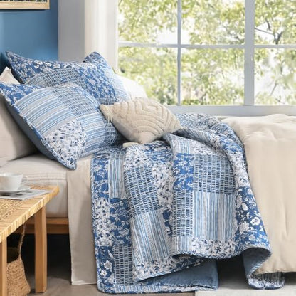 Litanika Floral Blue Quilt King - 3Pcs Botanical Birds Bedding Set