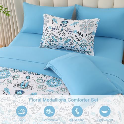 DHSFKBE Boho Comforter Set Queen - 7 Pieces Bed in a Bag Floral Design, Bohemian Comforter Set with Sheets, Soft Microfiber Complete Bedding Sets All Season (Light Blue, Queen)