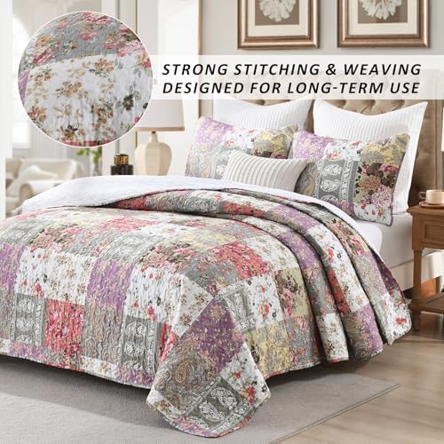 HIARUO Quilt Set Queen Size, 3 Pieces Bedspread Coverlet Plaid Patchwork Quilt Farmhouse Queen Size Comforter Set Lightweight Bedding with 2 Pillow Covers Shams for All Season Floral Red Purple