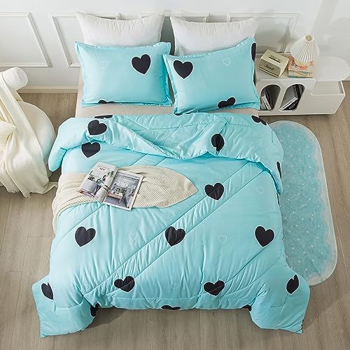 Caressma Blue Comforter Set Queen Size Black Heart 3pcs with Pillowsham