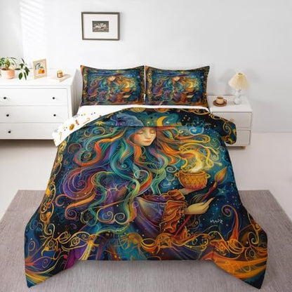 Magical Witch Kids Comforter Set Twin Size,Star Moon Starry Sky Galaxy Trippy Bedding Set,Girls Boys Room Decor,Happy Halloween Gothic Western Quilt Comforter,Colorful Duvet Insert,1 Pillowcase