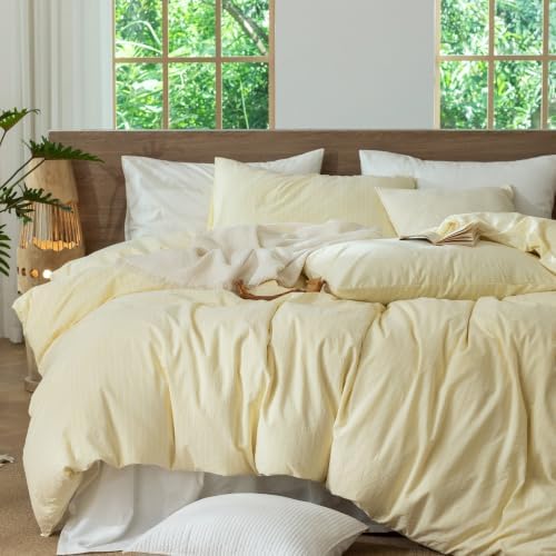MooMee Striped Duvet Cover Set 100% Washed Cotton Linen Like King