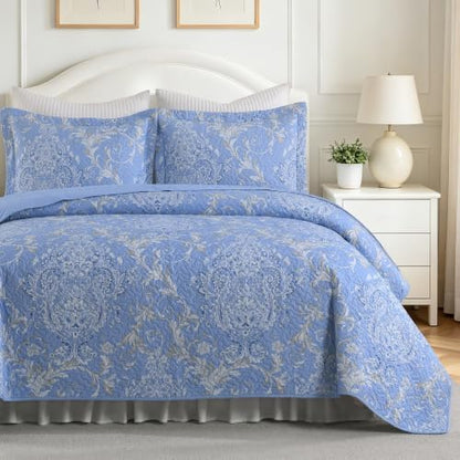 100% Cotton Quilt Set Queen Size, Classic Damask, Blue 90"x98"