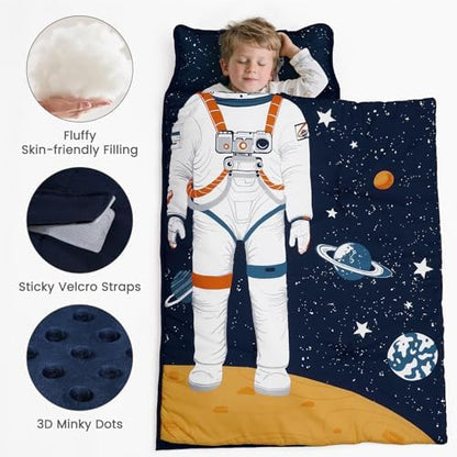 PHF Toddler Nap Mat with Removable Pillow and Minky Blanket, Rollup Design Kids Sleeping Mat, Slumber Bags for Boys, 50"x20" Toddler Sleeping Bag for Daycare Preschool Travel Camping, Astronaut