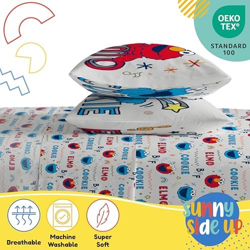 Sunny Side Up Sesame Street Full Sheet Set - 4 Piece Kids Bedding Set Includes Pillow Cover – Super Soft Microfiber Sheets with Elmo, Cookie Monster and Big Bird
