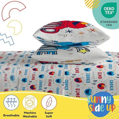 Sunny Side Up Sesame Street Full Sheet Set - 4 Piece Kids Bedding Set Includes Pillow Cover – Super Soft Microfiber Sheets with Elmo, Cookie Monster and Big Bird