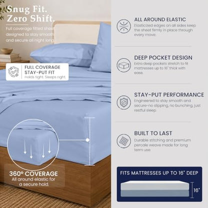 ZOYER 100% Cotton Sheets – Split King Size Percale Bedding, Cooling & Breathable, Durable with a Crisp, Soft & Comfortable Feel, 16" Deep Pocket, 5-Piece Set, Dusty Blue