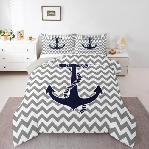 Castle Fairy Nautical Anchor Comforter Set Twin Size,Geometric Gray Stripe Bedding Set 2pcs for Kids Teens Adults Room Decor,Ocean Adventure Themed Quilt Set Modern Abstract Duvet Insert,1 Pillowcase