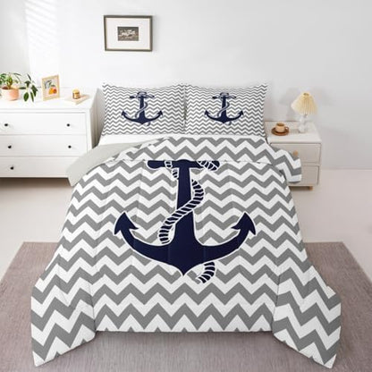 Castle Fairy Gray Stripes Comforter Set King Size,Geometric Anchor Bedding Set 3pcs for Kids Boys Adults Room Decor,Nautical Adventure Style Quilt Set Modern Abstract Duvet Insert,2 Pillowcases