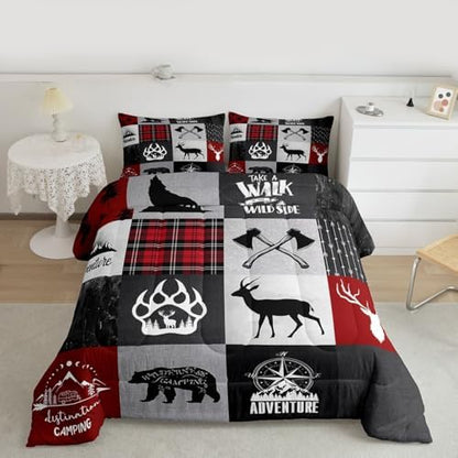 Deer Antler Bear Kids Comforter Set Queen Size,Plaids Boho Arrows Patchwork Bedding Set for Boys Girls Adults Room Decor,Rustic Adventure Camper Down Comforter,Red Xmas Duvet Insert,2 Pillowcases