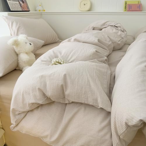 mixinni Tan Striped Duvet Cover Twin XL Size - 100% Washed Cotton Beige Pinstripe Comforter Cover with Zipper Closure, Lightweight & Breathable, 3 Pieces Minimalist Stripes Pattern Printed Bedding Set